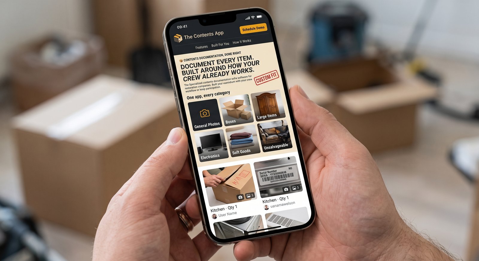 The Contents App open on a phone, showing the color-coded General Photos, Boxes, Large Items, Electronics, Soft Goods, and Unsalvageable sections